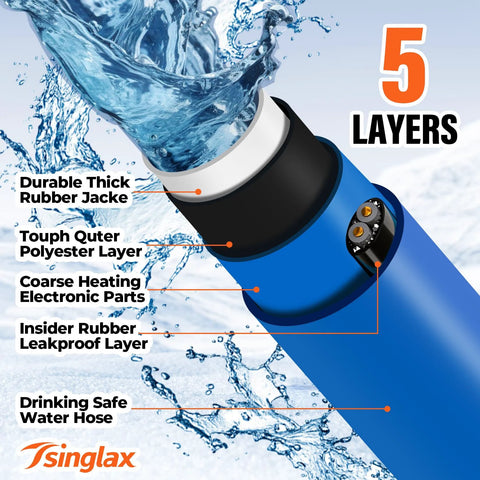 Tsinglax 30ft heated RV water hose, blue body with white nozzle and 5-layer construction.