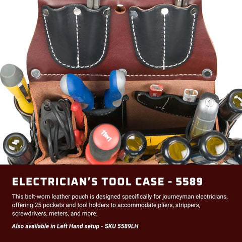Right Hand Electrician Tool Case With 25 Pockets And Tool Holders, Heavy Duty Belt Pouch filled with tools, leather construction