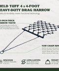 Heavy Duty Drag Harrow For ATVs And UTVs With A 4 Foot By 4 Foot Frame Seven Rows Of Sturdy One Half Inch Tines 129 Lb Weight Tow Chain Fits A 2 Inch Ball Ideal For Leveling Soils Grading Pastures Breaking Up Ground And More Built Tough