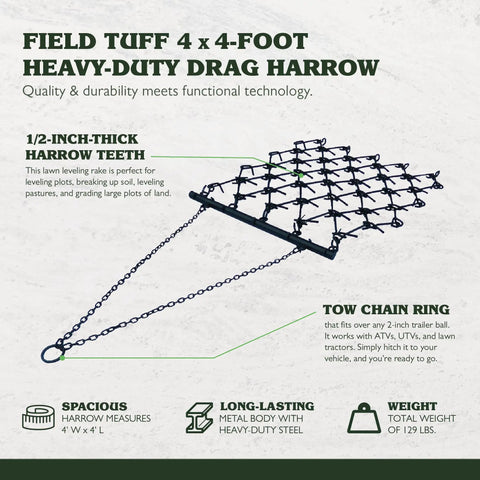 Heavy Duty Drag Harrow For ATVs And UTVs With A 4 Foot By 4 Foot Frame Seven Rows Of Sturdy One Half Inch Tines 129 Lb Weight Tow Chain Fits A 2 Inch Ball Ideal For Leveling Soils Grading Pastures Breaking Up Ground And More Built Tough