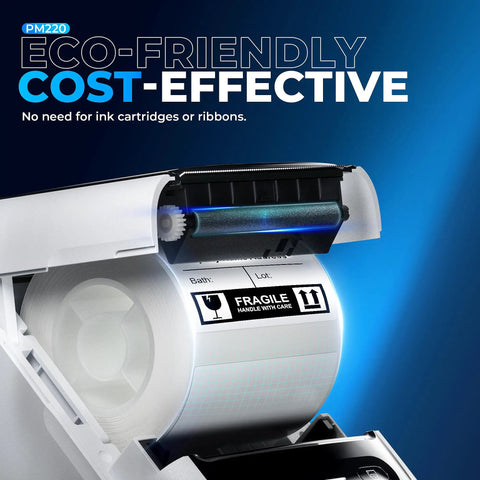 Close-up of PM220 Bluetooth Portable Thermal Printer, displaying open cartridge with 2-inch tape, white, for address labels.