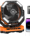 40,000mAh Rechargeable Battery Powered Oscillating Floor Fan with Remote, USB-C charging, orange and black design