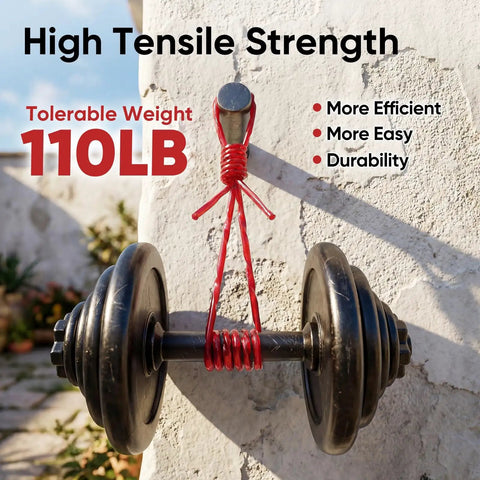 110 LB weight supported by red high tensile strength cord on outdoor wall hook.