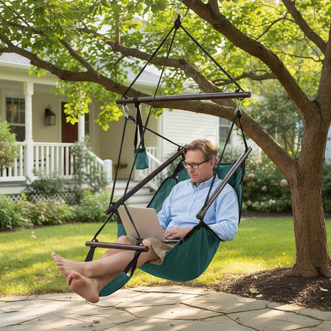 Man relaxing in Upgraded Unique Hammock Hanging Sky Chair With Easy Setup Safer Design Air Deluxe Swing Seat On Durable Rope