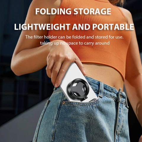 Person placing Magnetic CPL Filter For iPhone With Quick Mount 52mm Polarizing Phone Lens into pocket, showcasing portability.