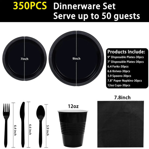 Fresh Black Disposable Plates 350 Piece Heavy Duty Food Grade Plastic Party Essentials For Weekend Ragers And Halloween Parties Straight Top Shelf Vibes set showing 7 inch and 9 inch plates with utensils and cups