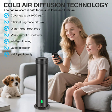 Mother and daughter using No Water Needed Scent Diffuser Starter Kit For Home And Hotel with dog nearby.