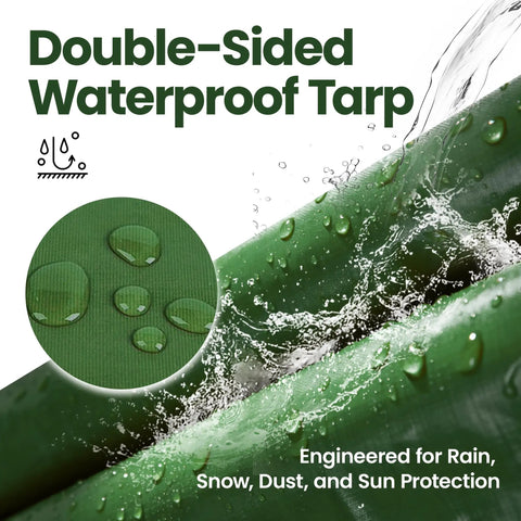 Close-up of double-sided waterproof tarp with water droplets, highlighting durability for 12 By 16 Foot Heavy Duty Waterproof Camping Tarp.