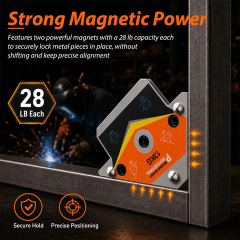 Powerful Welding Magnets Set 2 Pieces For 45 90 135 Degree Angles Heavy Duty magnetic tool with 28 lb capacity holding metal in place.