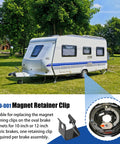 Magnet Retainer Clip BP19-001 for 10–12 in oval trailer brakes; side view of white travel trailer with blue stripe, 4-pack included