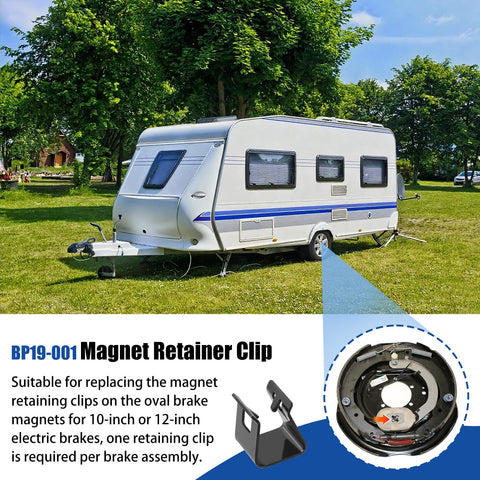 Magnet Retainer Clip BP19-001 for 10–12 in oval trailer brakes; side view of white travel trailer with blue stripe, 4-pack included