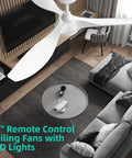 Stylish 52 Inch White Ceiling Fan With Three Blades And Built In Light Featuring Slick Finish Hella Powerful Airflow Quiet Operation Remote Control For Cool Living Space Vibes overhead view in modern living room.