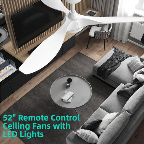 Stylish 52 Inch White Ceiling Fan With Three Blades And Built In Light Featuring Slick Finish Hella Powerful Airflow Quiet Operation Remote Control For Cool Living Space Vibes overhead view in modern living room.