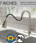 Built Tough Brushed Nickel Kitchen Faucet With Pull Down Sprayer And Three Spray Modes, 17-inch tall with 360° rotating nozzle.