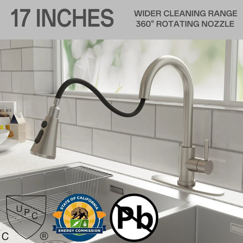 Built Tough Brushed Nickel Kitchen Faucet With Pull Down Sprayer And Three Spray Modes, 17-inch tall with 360° rotating nozzle.