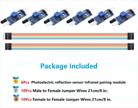 Six Pack IR Infrared Reflective Sensor Module Three Wire Photoelectric For Arduino with jumper wires, package contents shown.