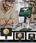 Crystal Clear 2160P HDMI Digital Microscope With 10.1 Inch Display Three Lens System For Soldering Repair Electronics Coins Plants Stones And Biological Slides Up To 2000x Magnification in use
