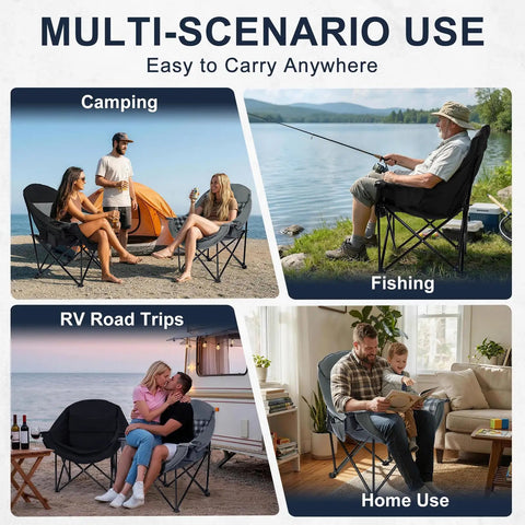 Collage showing Oversized Camping Chair For Adults With Cup Holder And Side Pocket, used outdoors and indoors for various activities.
