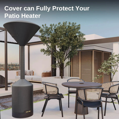 Outdoor patio with uncovered heater, chairs, and table, demonstrating need for Patio Heater Cover For Umbrella Style Heaters Waterproof Dustproof Sunproof 300D Oxford Fabric With Zipper Fits 91.3 In H 34.6 In Dome 19.88 In Base Outdoor Patio Accessory