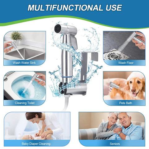 Handheld Bidet Sprayer for Toilet with Brass T-Valve Adapter, Adjustable Water Pressure, Retractable Hose, Durable 304 Stainless Steel