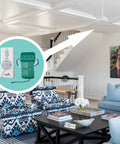Living room with Handheld Ceiling Fan Remote Control System With Light Dimmer, Three Speeds, Easy On Off, highlighted in use.