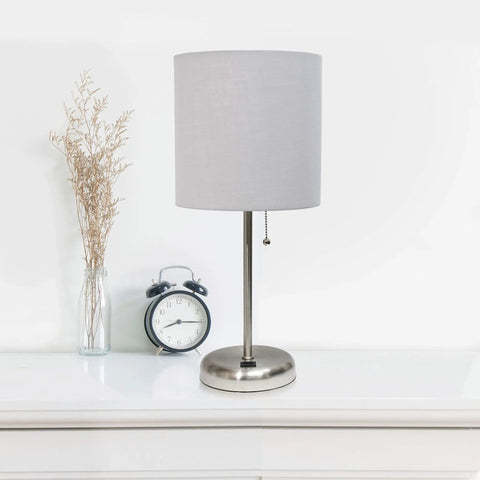 Brushed Steel Stick Table Desk Lamp With USB Charging Port And Teal Drum Fabric Shade For Modern Home Office And Living Room, Sleek Profile, Quick Plug In Lighting, Everyday Readability, Minimalist Contemporary Look on a white surface with clock and vase