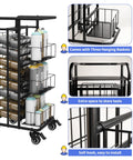Heavy Duty Metal Spray Paint Storage Rack Eight Tier Lube Can Organizer Hella Sturdy Workshop Shelf With Thirty Two Slots Fits Aerosols And Beverages For Tight Garage Spaces with three hanging baskets and smooth rolling wheels.