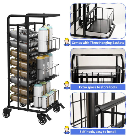 Heavy Duty Metal Spray Paint Storage Rack Eight Tier Lube Can Organizer Hella Sturdy Workshop Shelf With Thirty Two Slots Fits Aerosols And Beverages For Tight Garage Spaces with three hanging baskets and smooth rolling wheels.