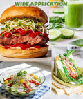 Wide application of 2-Tier Stainless Steel Seed Sprouter Trays Kit with sprouts on burger, salad, sandwich, and green juice.
