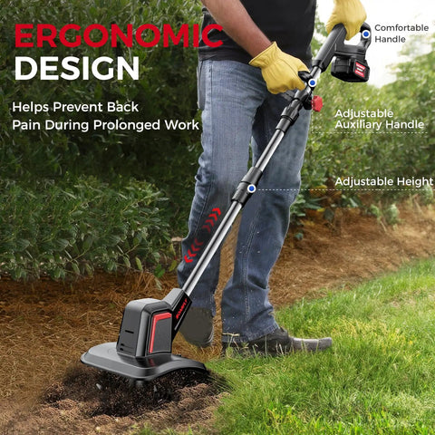 Person using Cordless Electric Tiller For Gardening With Dual 4.0Ah Batteries, Total 8.0Ah Power in garden bed