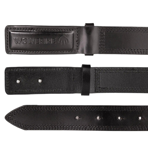 Close-up of black full-grain leather belt with hidden buckle, Scratchless Hidden Buckle Leather Work Belt For Tradesmen.