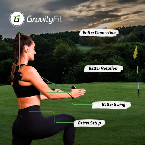 Woman using TPro Green 2.0 Golf Swing Training Aid With Heavy Resistance And Coach Crafted Drills on lush golf course at sunset