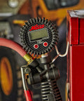 Pro Digital Tire Inflator With Gauge And Backlit 0.1 Display, 36 Inch Hose, Ball Foot Air Chuck, mounted on red air compressor