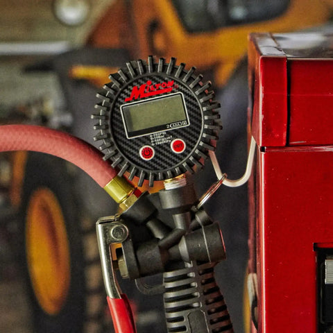 Pro Digital Tire Inflator With Gauge And Backlit 0.1 Display, 36 Inch Hose, Ball Foot Air Chuck, mounted on red air compressor