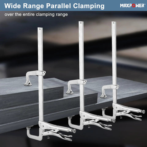 Three Beefy Heavy Duty Sliding Arm Locking C Clamps securing metal pieces for welding and metalworking projects.