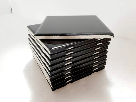 Stack of Black Ceramic Tile 4 Inch By 4.25 Inch Shower Backsplash For Bathroom And Kitchen Gloss Finish 10 pieces