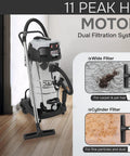 Top Shelf 26.5 Gallon Wet Dry Shop Vacuum With Heavy Duty Steel Tank, Knockout Peak Horsepower Suction, Portable Two In One Build, No Sweat Handling Jobsite Or Garage Debris, displaying a dual filtration system.