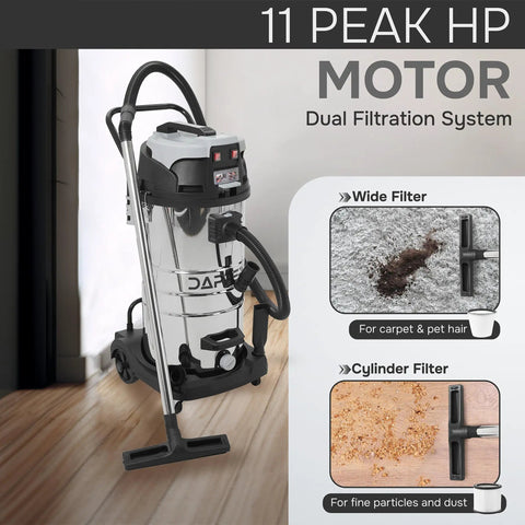 Top Shelf 26.5 Gallon Wet Dry Shop Vacuum With Heavy Duty Steel Tank, Knockout Peak Horsepower Suction, Portable Two In One Build, No Sweat Handling Jobsite Or Garage Debris, displaying a dual filtration system.