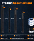 Product specifications showing 5 Piece Harmonic Balancer Installer Kit with Long Reach Adapters M16x2.0 M14x1.5 M12x1.75 M12x1.5, Nut Bearing Assembly, and 3 Washers.