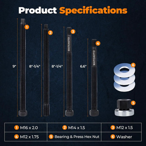 Product specifications showing 5 Piece Harmonic Balancer Installer Kit with Long Reach Adapters M16x2.0 M14x1.5 M12x1.75 M12x1.5, Nut Bearing Assembly, and 3 Washers.