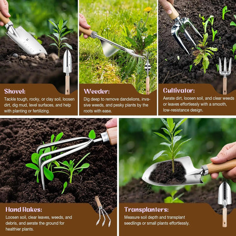 All In One 9 Piece Heavy Duty Garden Tool Set With Stainless Steel Hand Tools Purple Floral Tote Bag And Repotting Mat Perfect Garden Kit For Women Gift For Any Gardener showing shovel, weeder, cultivator, hand rakes, and transplanters in use.
