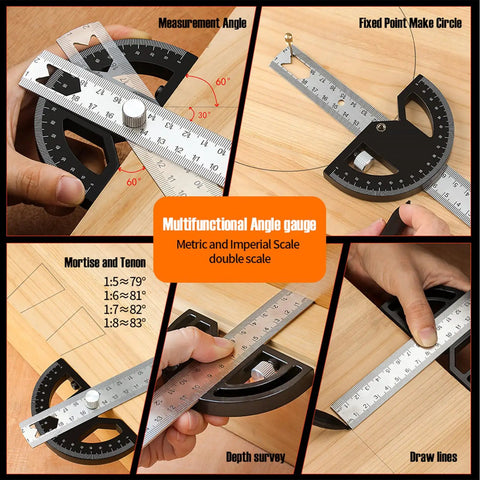 Heavy Duty Eight Inch Stainless Steel Angle Finder With 0 To 180 Degree Adjustable Protractor Ruler And Thumb Lock, Precision Carpentry Square For Woodworking And Construction, Built Tough And Dead On Accurate in use measuring angles on wood.