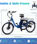 Three Wheel Electric Trike For Adults And Seniors With 48V 13Ah Battery Powerful Motor GCC And UL Certified Safety UL 2849 UL 2272 Smooth Stable Ride For Daily Commutes And Easy Cruising. Side view with 24-inch wheels, basket, and size chart