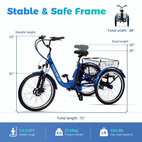 Three Wheel Electric Trike For Adults And Seniors With 48V 13Ah Battery Powerful Motor GCC And UL Certified Safety UL 2849 UL 2272 Smooth Stable Ride For Daily Commutes And Easy Cruising. Side view with 24-inch wheels, basket, and size chart