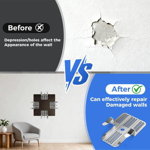 Before and after drywall repair showing 20 Pack Drywall Repair Clips With 40 Stainless Steel Screws for effective wall fix.