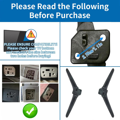 Compatibility guide for Replacement TV Legs For Hisense 32, 40, And 43 Inch Select Models with screw kit and black feet.