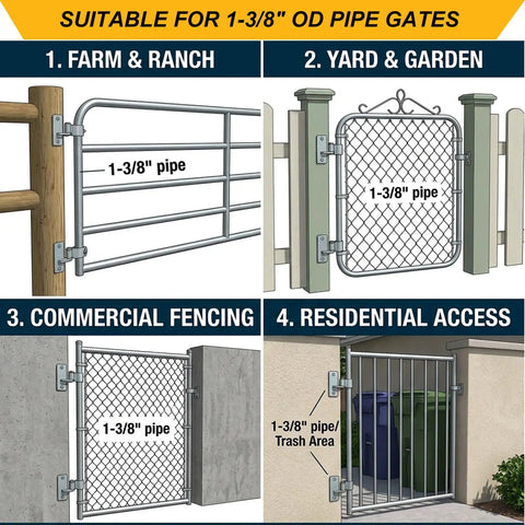 Heavy Duty Wall Mount Gate Hinges For 1 3 8 Inch Pipe Frames used in farm, garden, commercial, and residential settings.