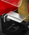 Close-up of the heavy steel wire brush on the Workhorse 150Mm Bench Grinder Equipped With A Beefy 450W Induction Motor.