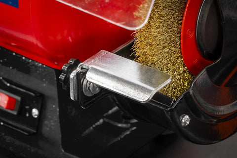 Close-up of the heavy steel wire brush on the Workhorse 150Mm Bench Grinder Equipped With A Beefy 450W Induction Motor.