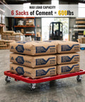 Premium Stem Casters Set Of 4 With Locking Brake used on a red cart holding six 100lb cement sacks for 600lbs total load.